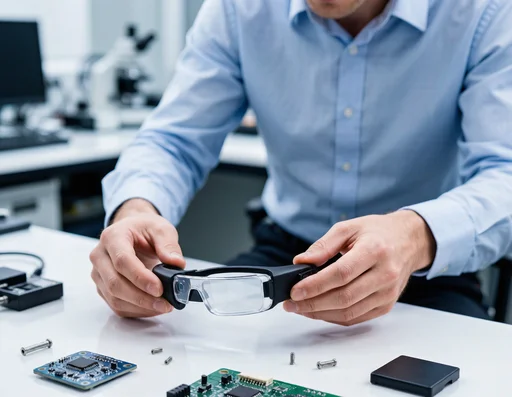 Engineer assembling smart glasses components on a workbench