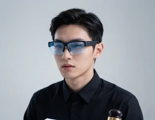 Person wearing smart glasses with a legal document and gavel nearby