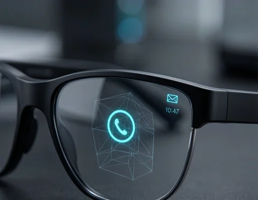 Close-up of smart glasses showing hands-free calling and notifications