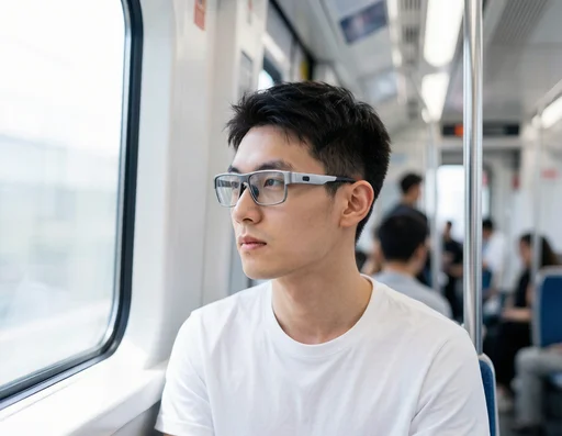 Commuter wearing smart glasses on a busy train
