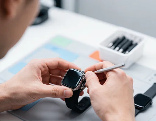 Technician repairing a smartwatch with a new glass panel
