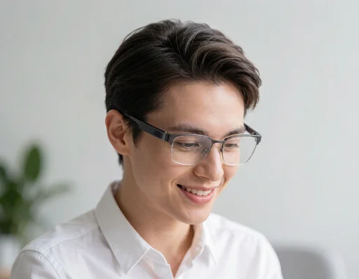 Person wearing vision-correcting smart glasses reading clearly