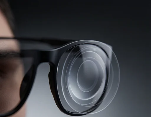 Close-up of smart glasses adaptive lens adjusting focus
