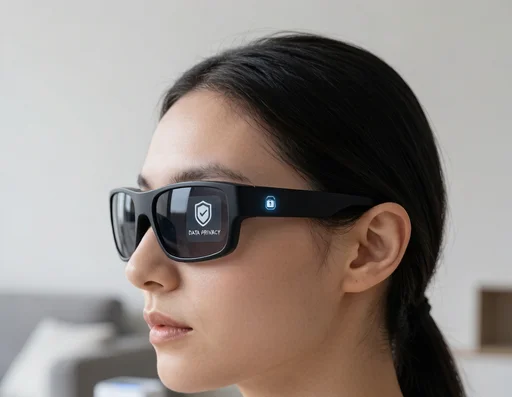 Person wearing smart glasses with a visible data privacy shield icon