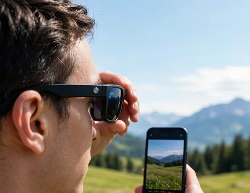 Person wearing ray ban smart glasses capturing hands-free photo of a scenic landscape