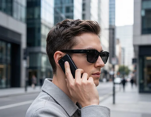 Person making a hands-free call while wearing ray ban smart glasses on a city street