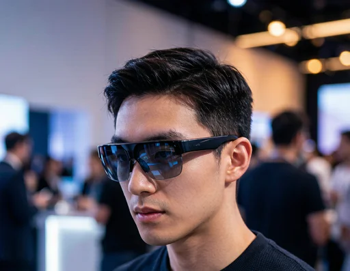 Person wearing meta smart glasses live-streaming or taking photo hands-free at an event