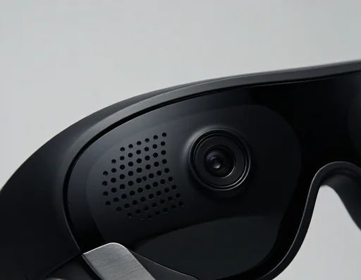 Close-up of ray ban meta smart glasses showing camera and speaker hardware details