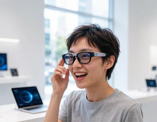 Person trying on the newest meta smart glasses in a modern tech store