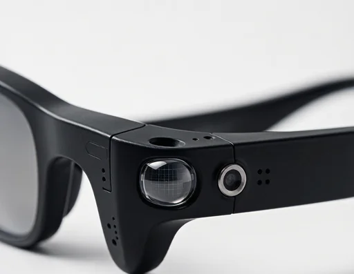 Smart glasses close-up showing micro display and sensors integrated in the frame