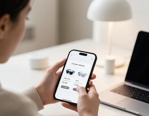 Person comparing smart glasses prices on a smartphone while shopping online