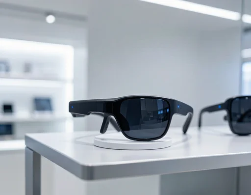 Shelf of actual smart glasses products available for purchase in a tech store