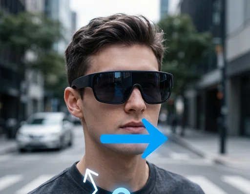 Person wearing AR glasses seeing digital arrows and navigation overlaid on a real street