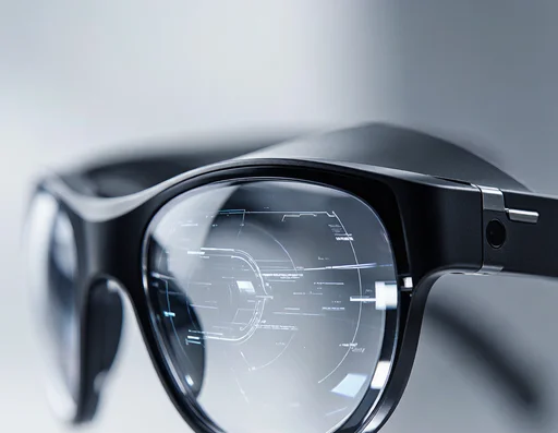 Close-up of AR smart glasses with transparent display lens showing digital content
