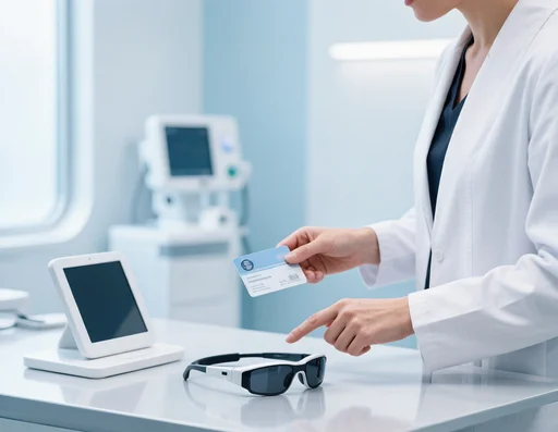 Person at an eye clinic counter with insurance card and smart glasses