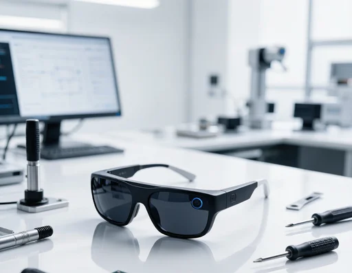 Smart glasses prototype on an engineer workbench with tools