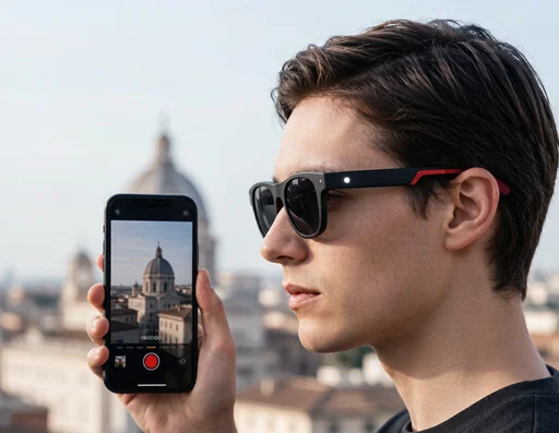 Person wearing ray ban smart glasses recording a video hands-free of a travel scene