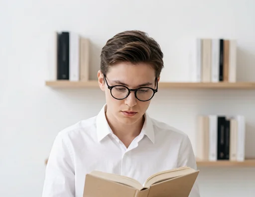 Person wearing glasses reading a book in a library