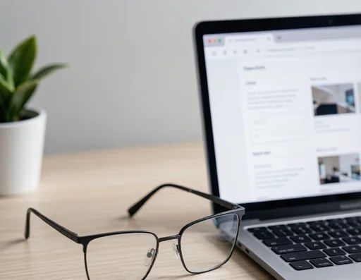 Stylish glasses on a desk next to a laptop with a forum open