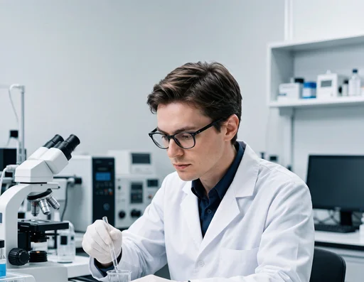Scientist wearing glasses in a lab working