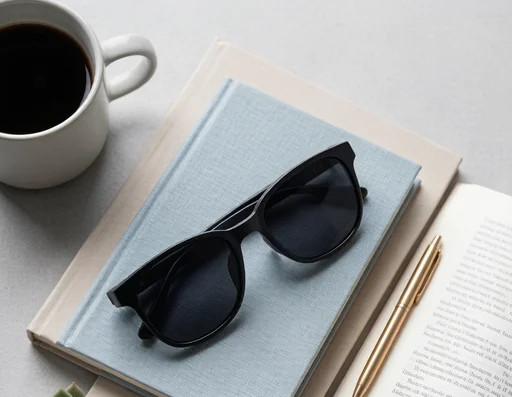 Smart glasses and books flat lay