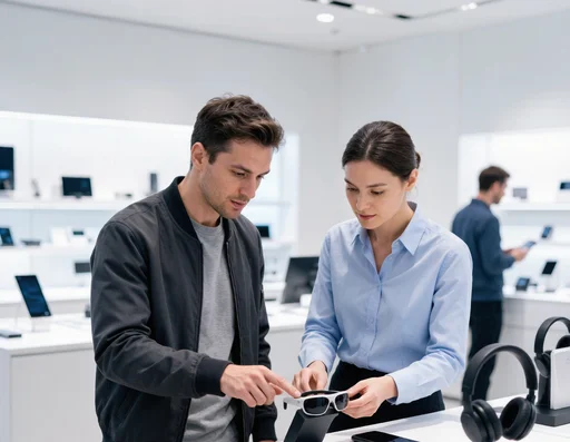 Person browsing smart glasses in a tech store with a salesperson helping