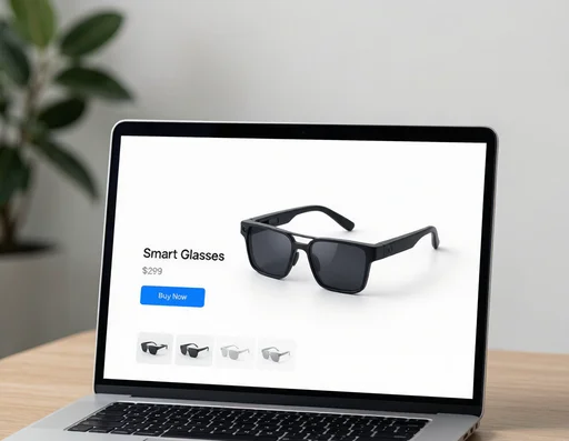 Online store showing smart glasses products on a laptop screen