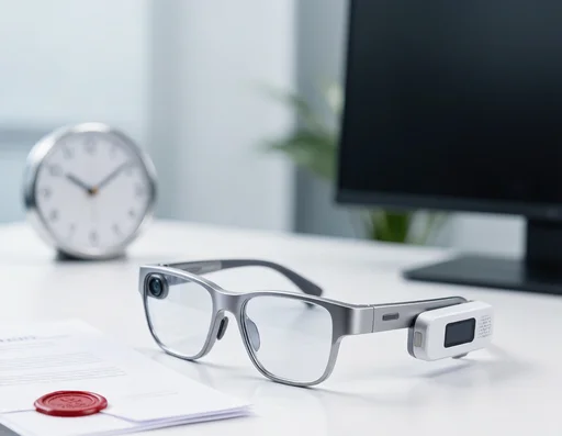 Next-gen smart glasses on a press release desk with a clock