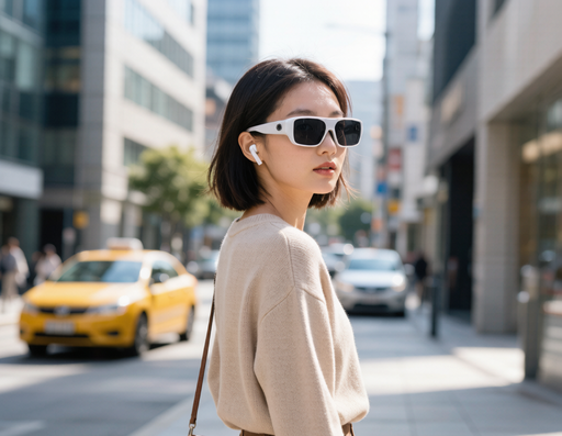 woman wearing meta smart glasses listening to music in city