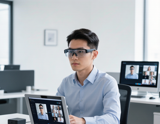 professional wearing smart glasses in office video call
