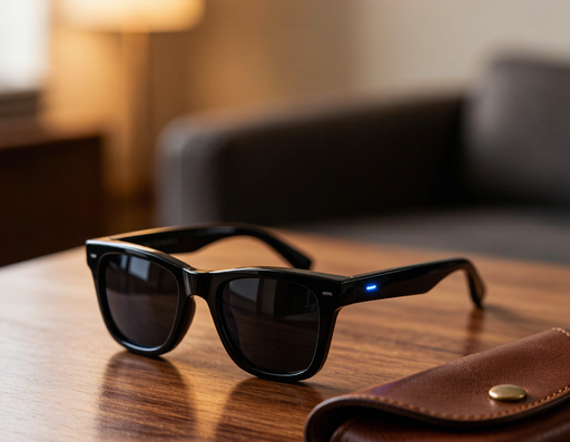 ray ban style smart glasses with leather case