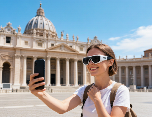 tourist capturing landmark photo with smart glasses