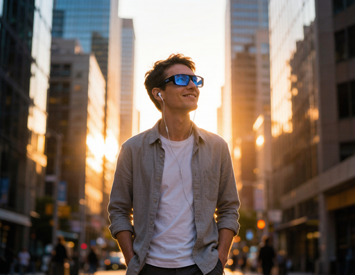 listening to music with smart glasses at golden hour