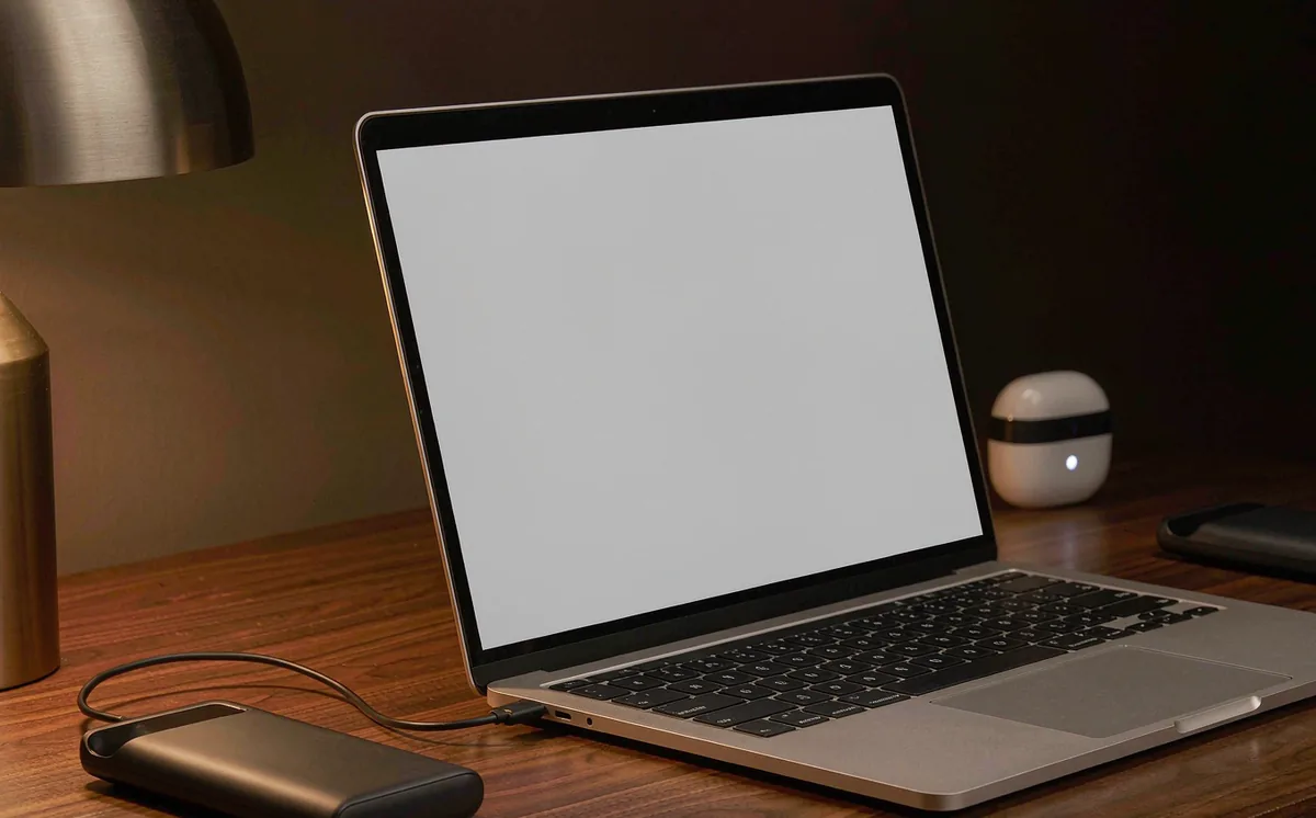 Power bank charging a MacBook Air via USB-C on a wooden desk